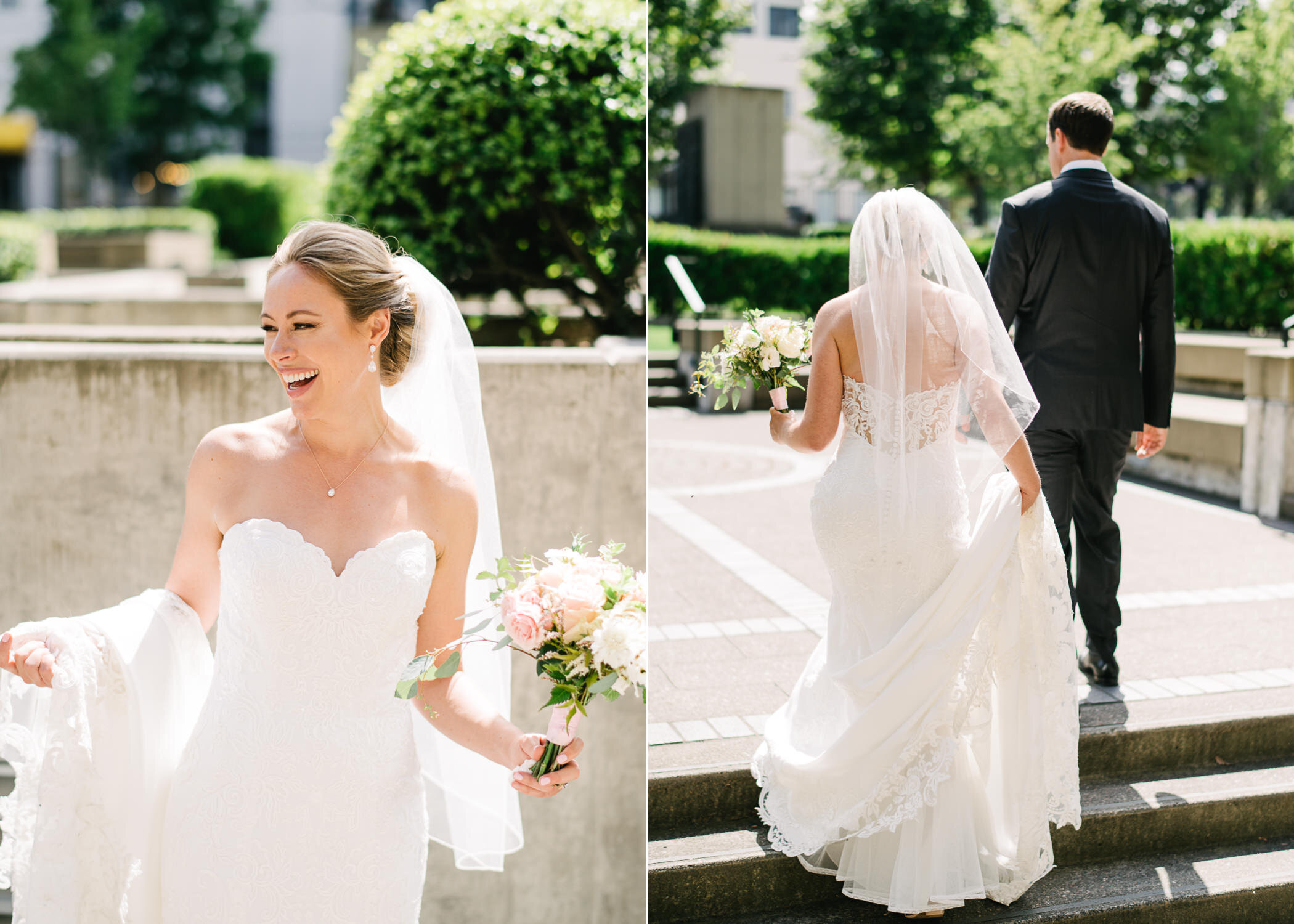  Bride laughing in sunshine as she holds her dress train in church courtyard 