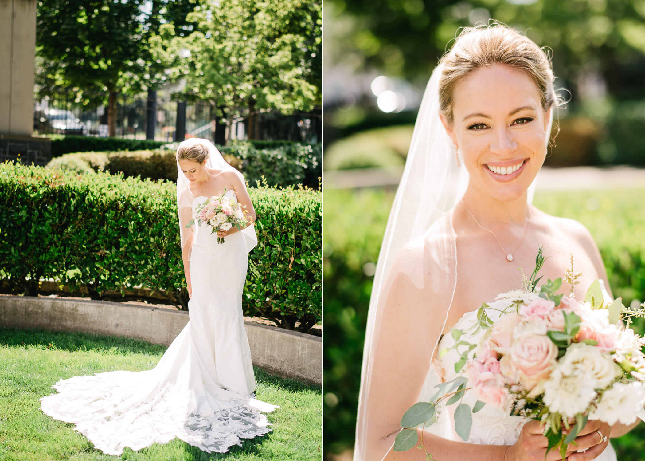  Bride adjusts her dress in backlit sunshine in church courtyard with green grass 