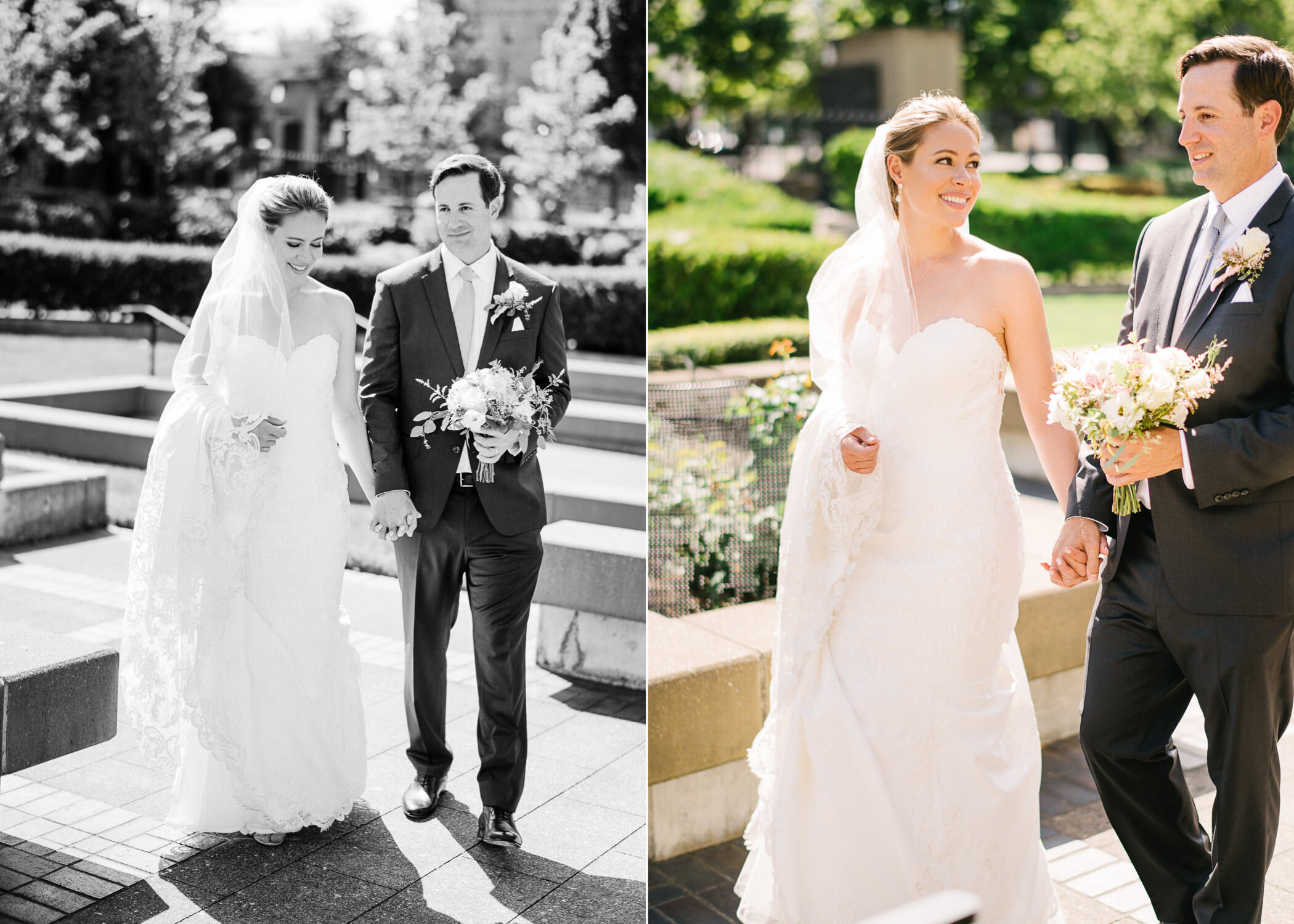  Bride and groom walking together in candid moment in church courtyard 