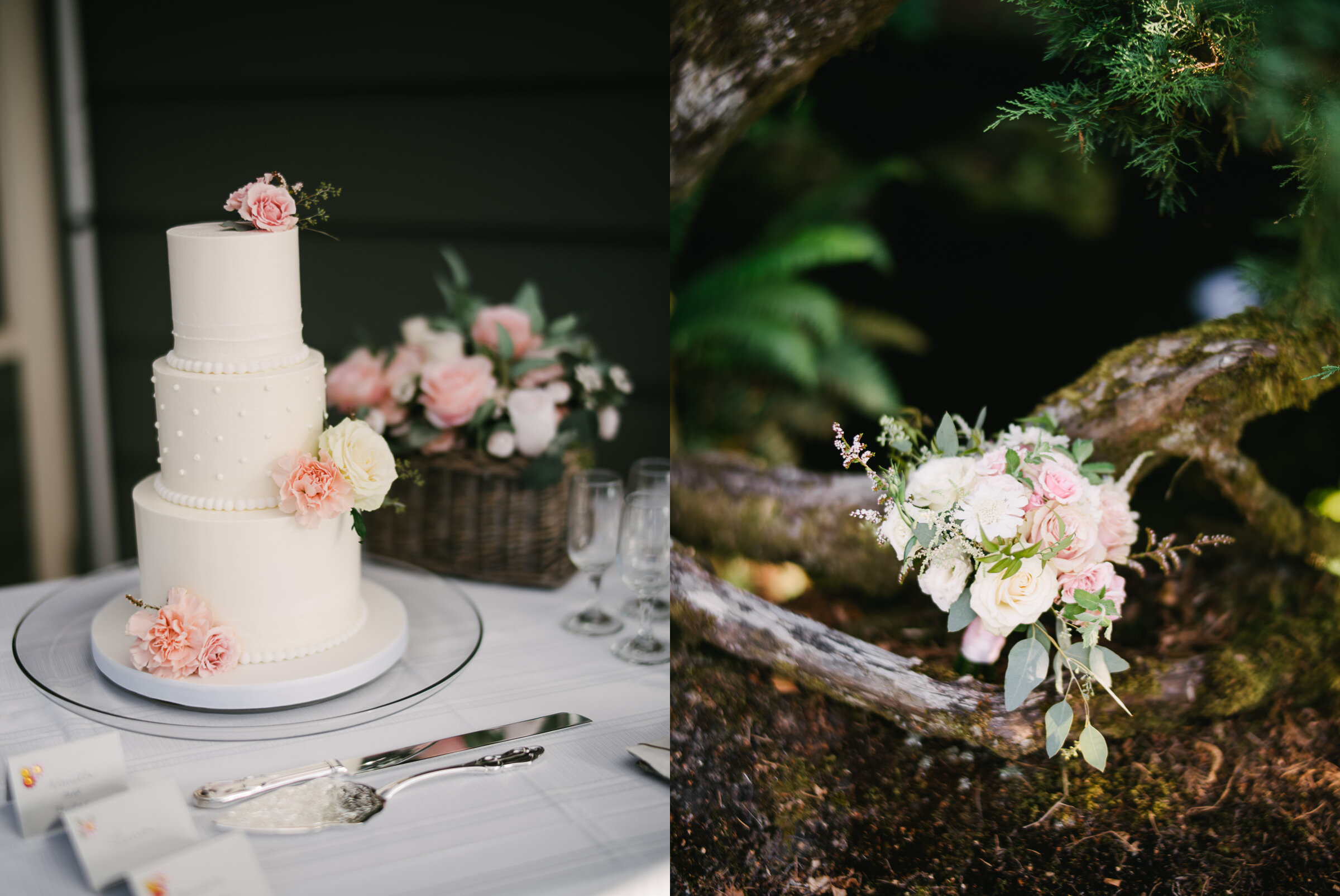  Three layer wedding cake with light pink florals and pink and white bouquet 