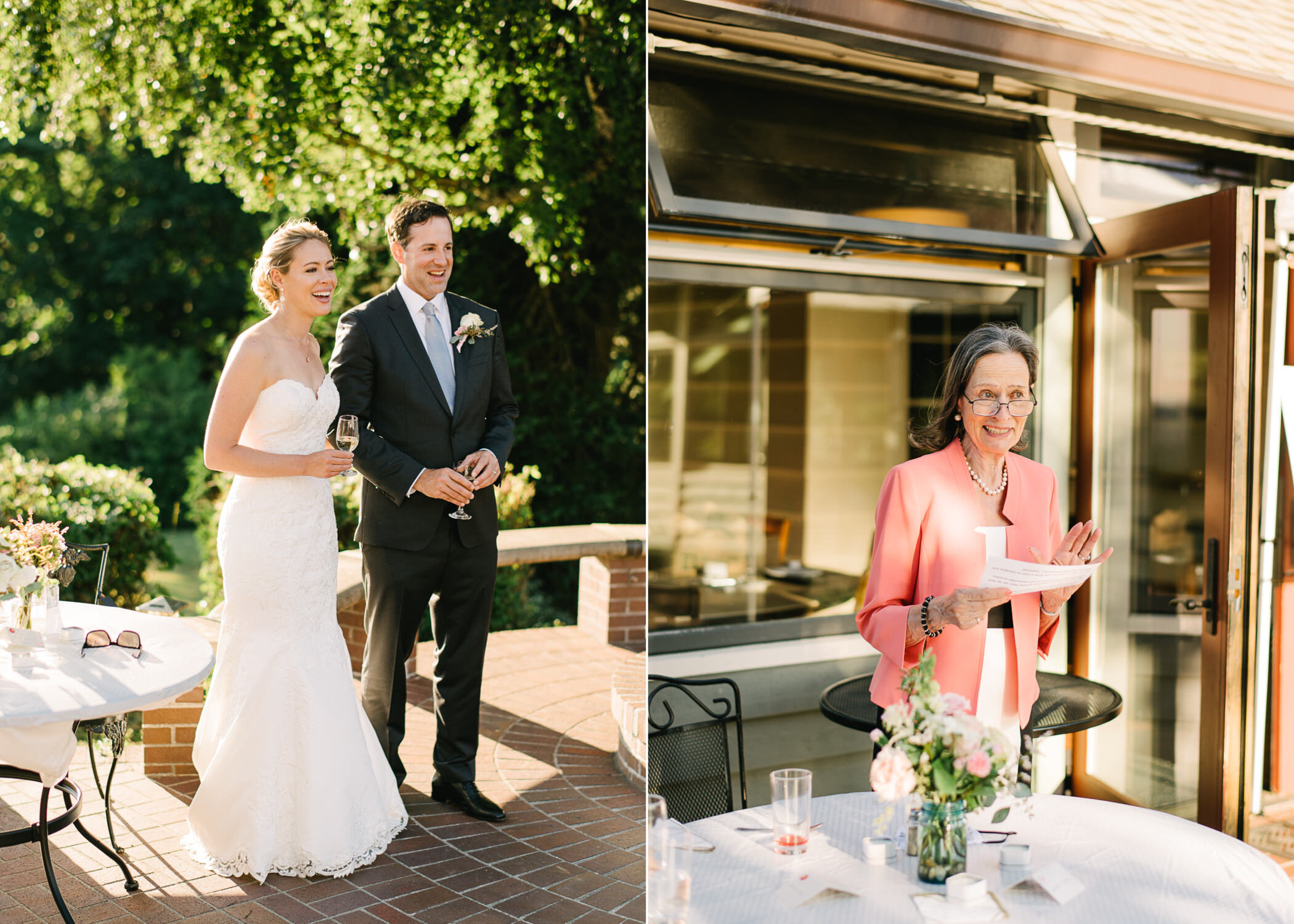  Mother of bride with pink summer coat gives funny toast to bride and groom 
