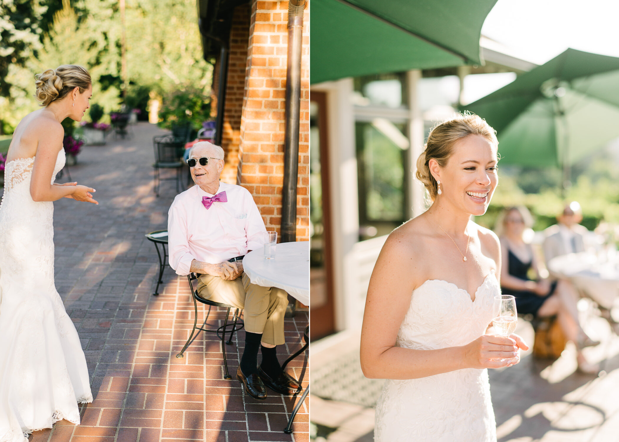  Gentleman with pink bow tie talks with bride in sunshine on the patio 