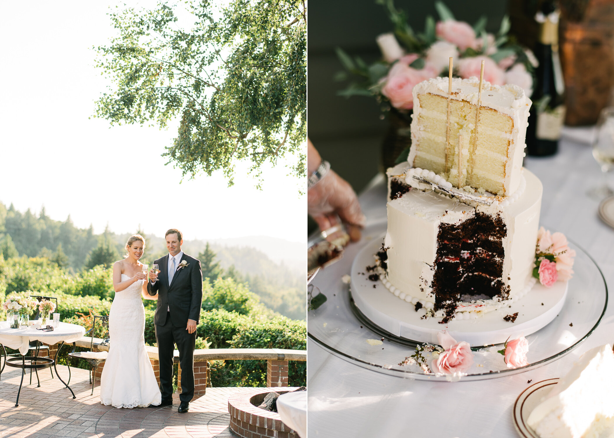  Two layer wedding cake shows slices and toothpicks holding it together 
