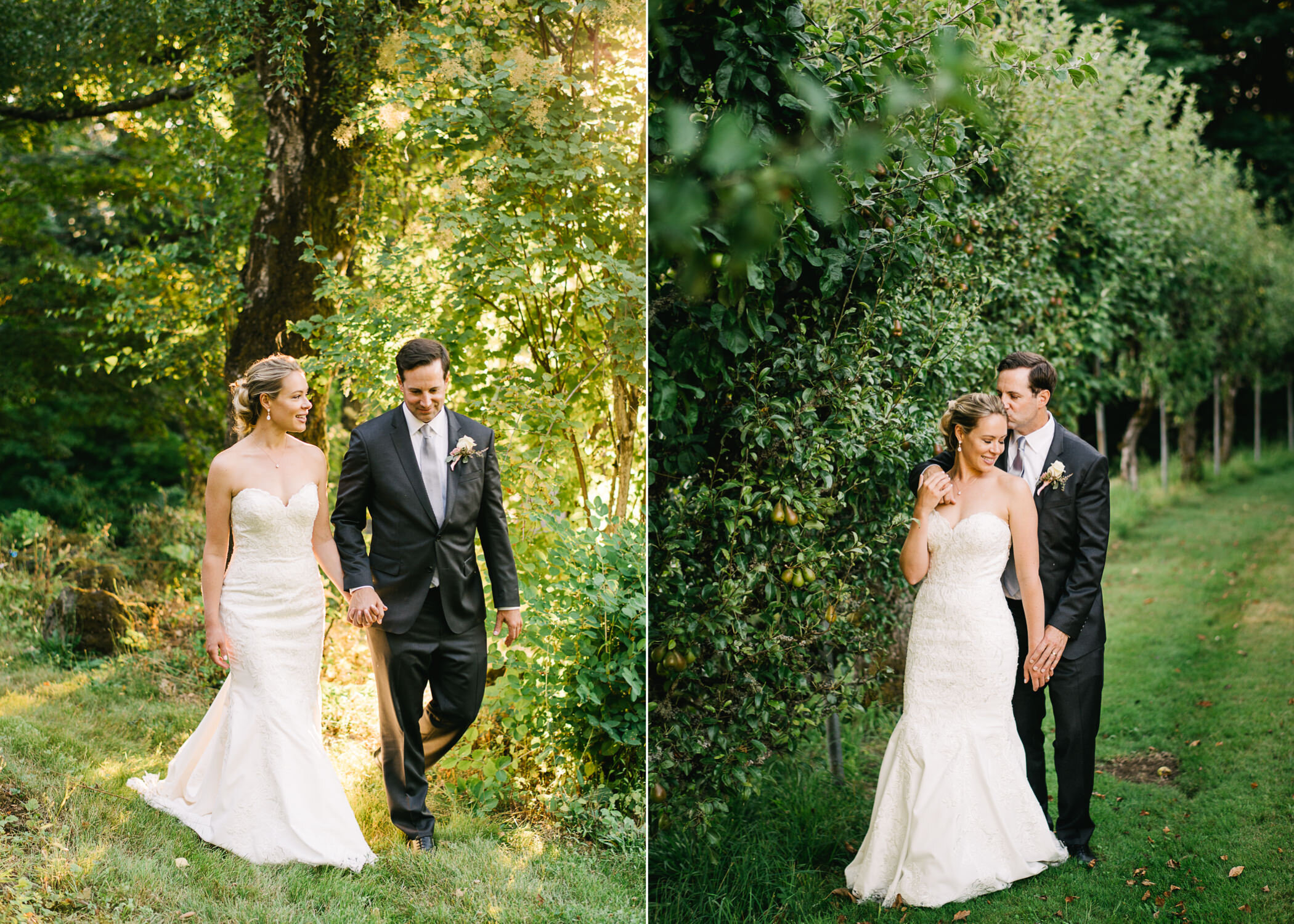  Bride and groom portrait next to pear orchard 