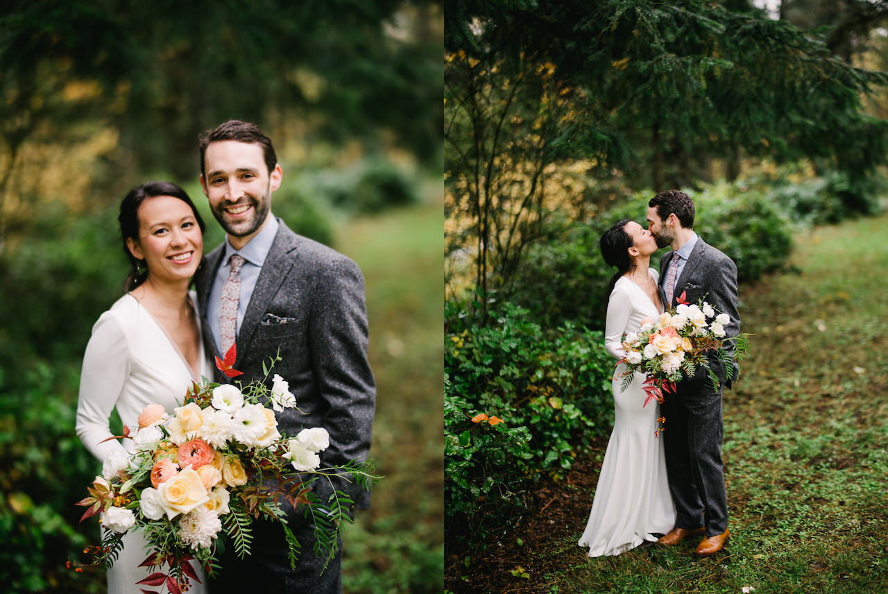  Classic portrait of eloping couple in portland forest while they kiss 