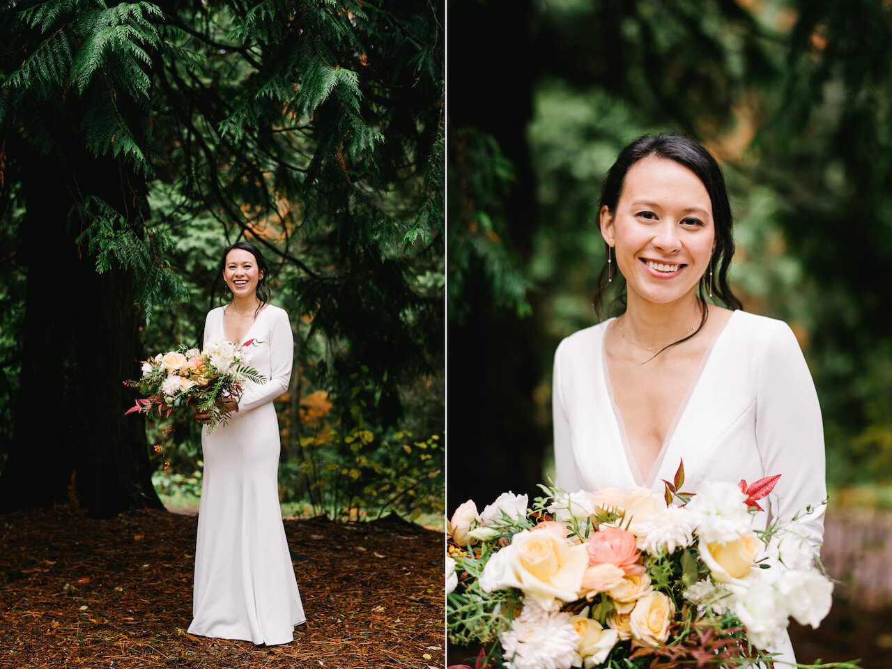  Happy authentic portrait of bride with dark hair with orange, pink, and white bouquet 