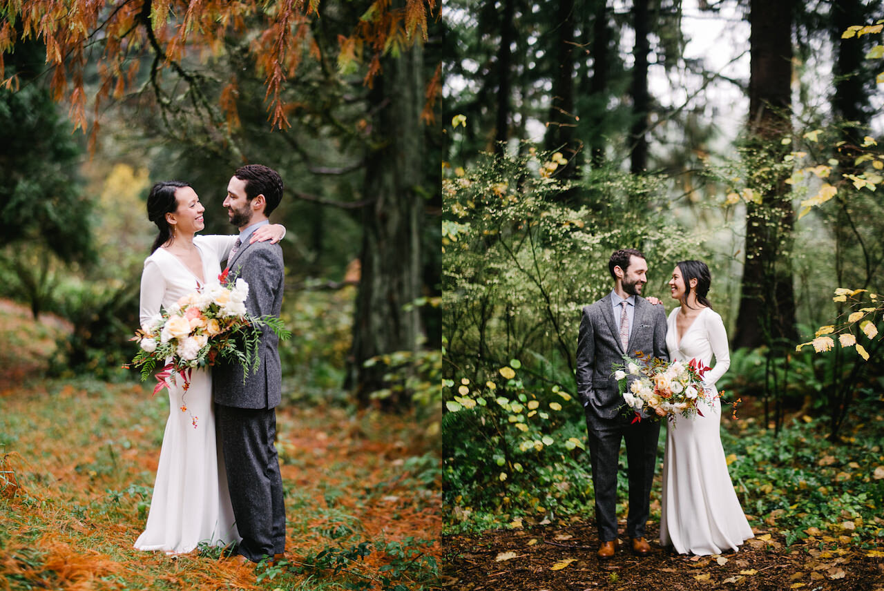  Bride and groom stand close together in fall orange, yellow, and green Pacific Northwest forest 