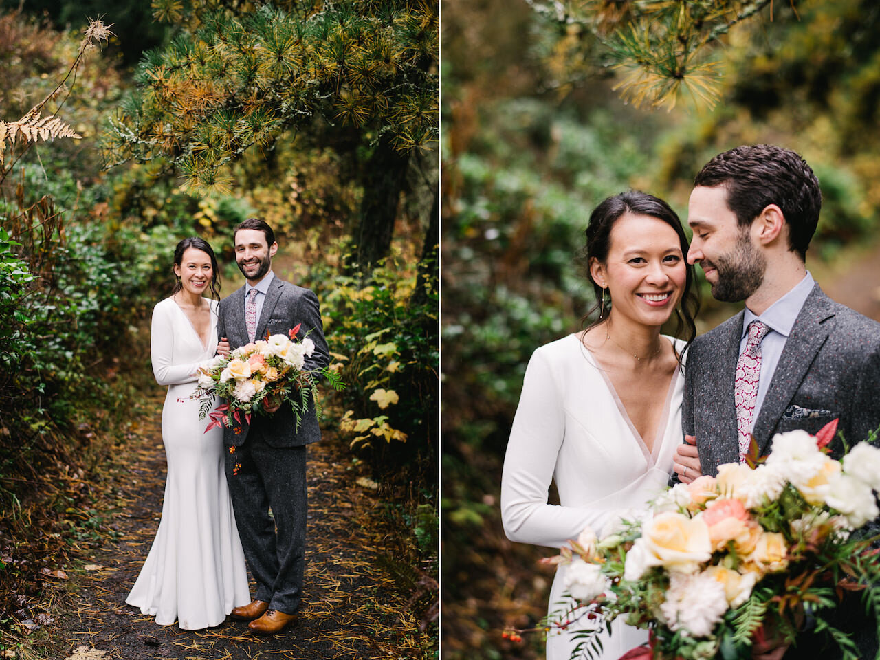  Bride and groom stand on wet Hoyt arboretum trail in forest park with large orange, red, white bouquet 