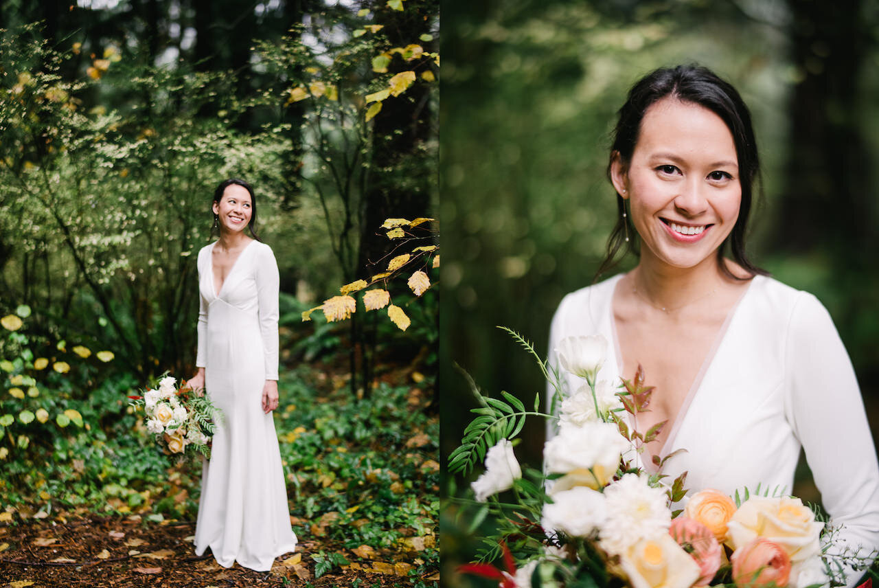  Bride standing in yellow and green fall forest with bouquet, looking off in the distance 