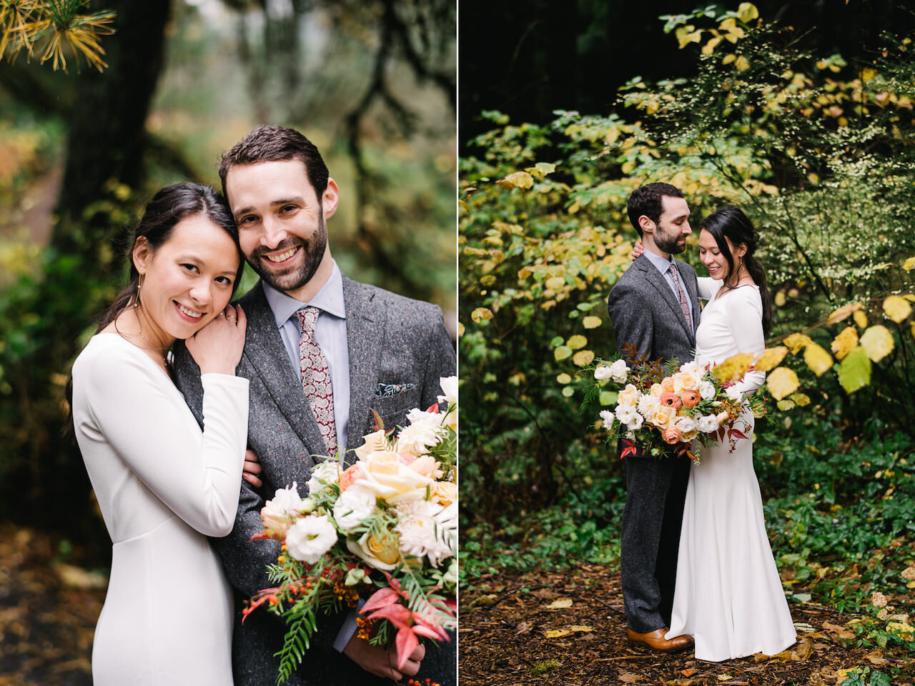  Bride leans on groom's shoulder as he holds the orange and white bouquet while the both smile. 
