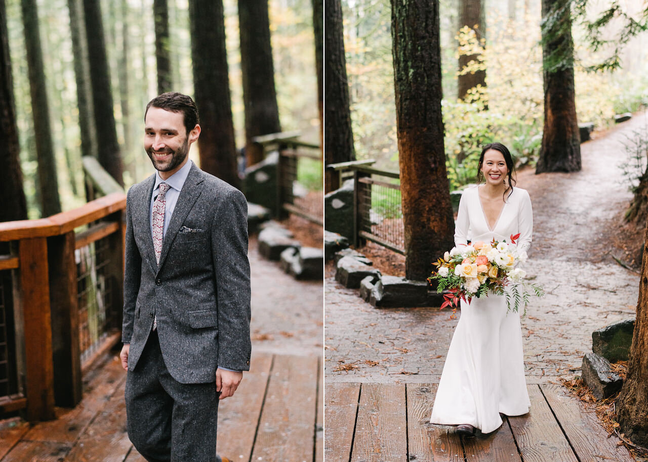  Bride and groom walking onto redwood deck in Hoyt arboretum to elope 