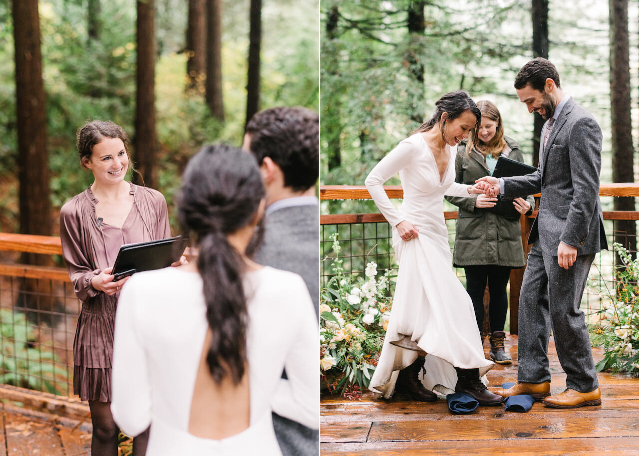  Smiling guest doing reading at wedding ceremony on redwood deck and bride and groom stomp on glass jewish tradition 