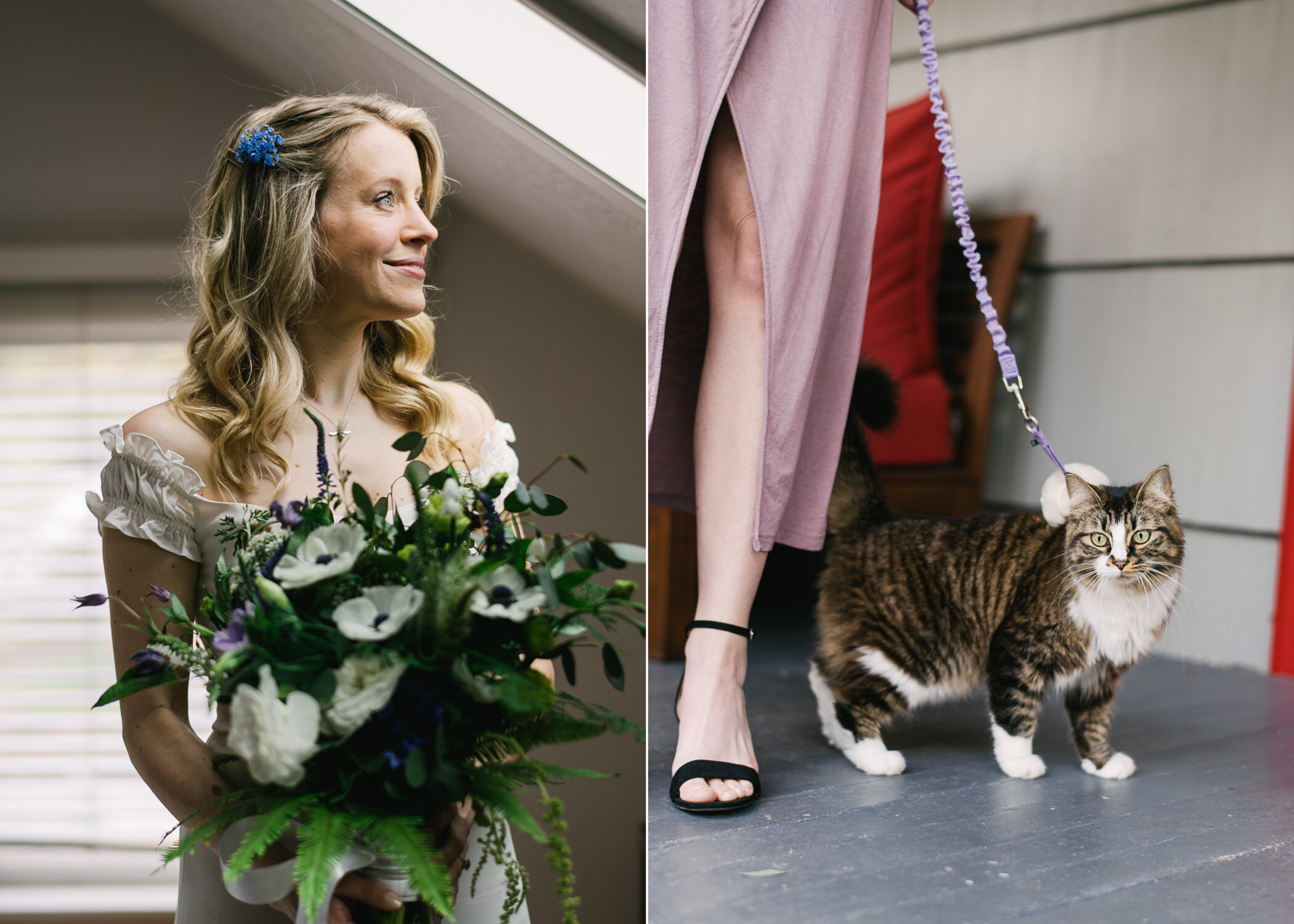  Bride holds bouquet looking out skylight window with wedding cat 