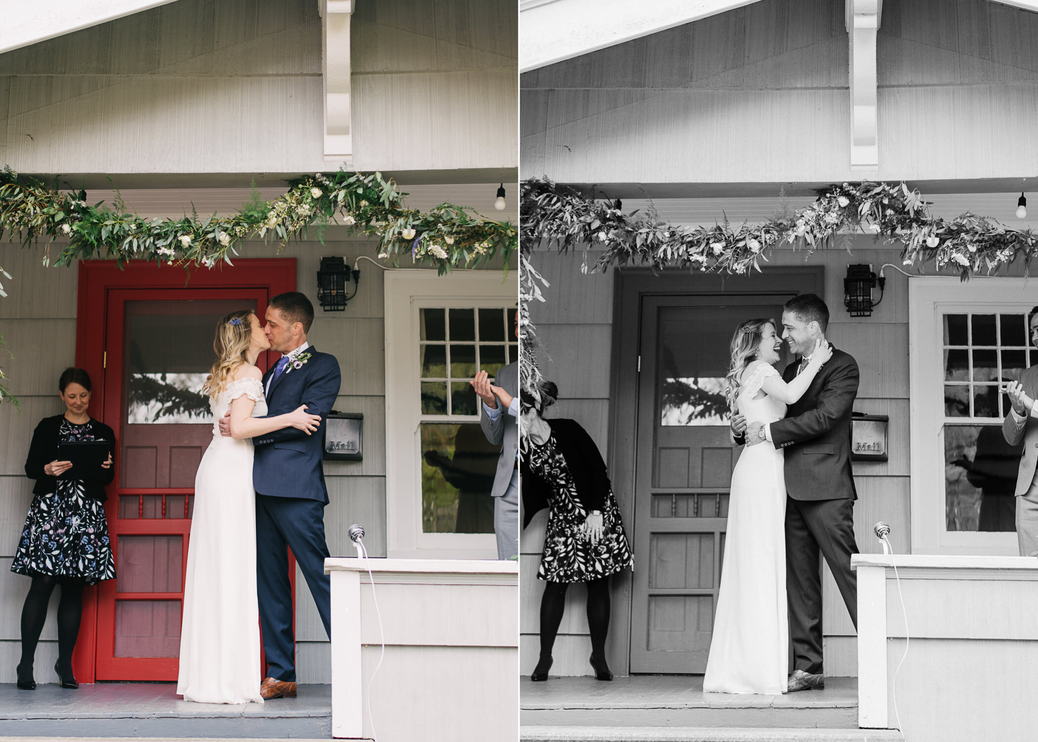  Bride laughs after kiss with groom on front porch 