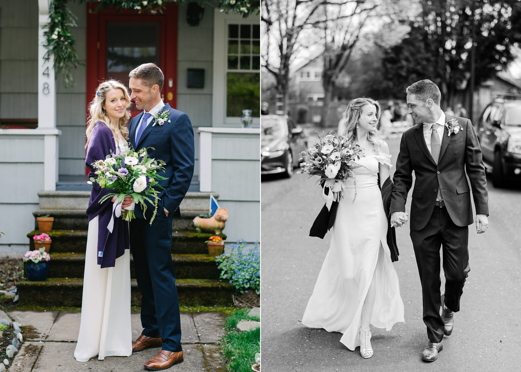  Bride with purple shawl, purple and white bouquet, stand with groom in blue suit during candid wedding portrait 