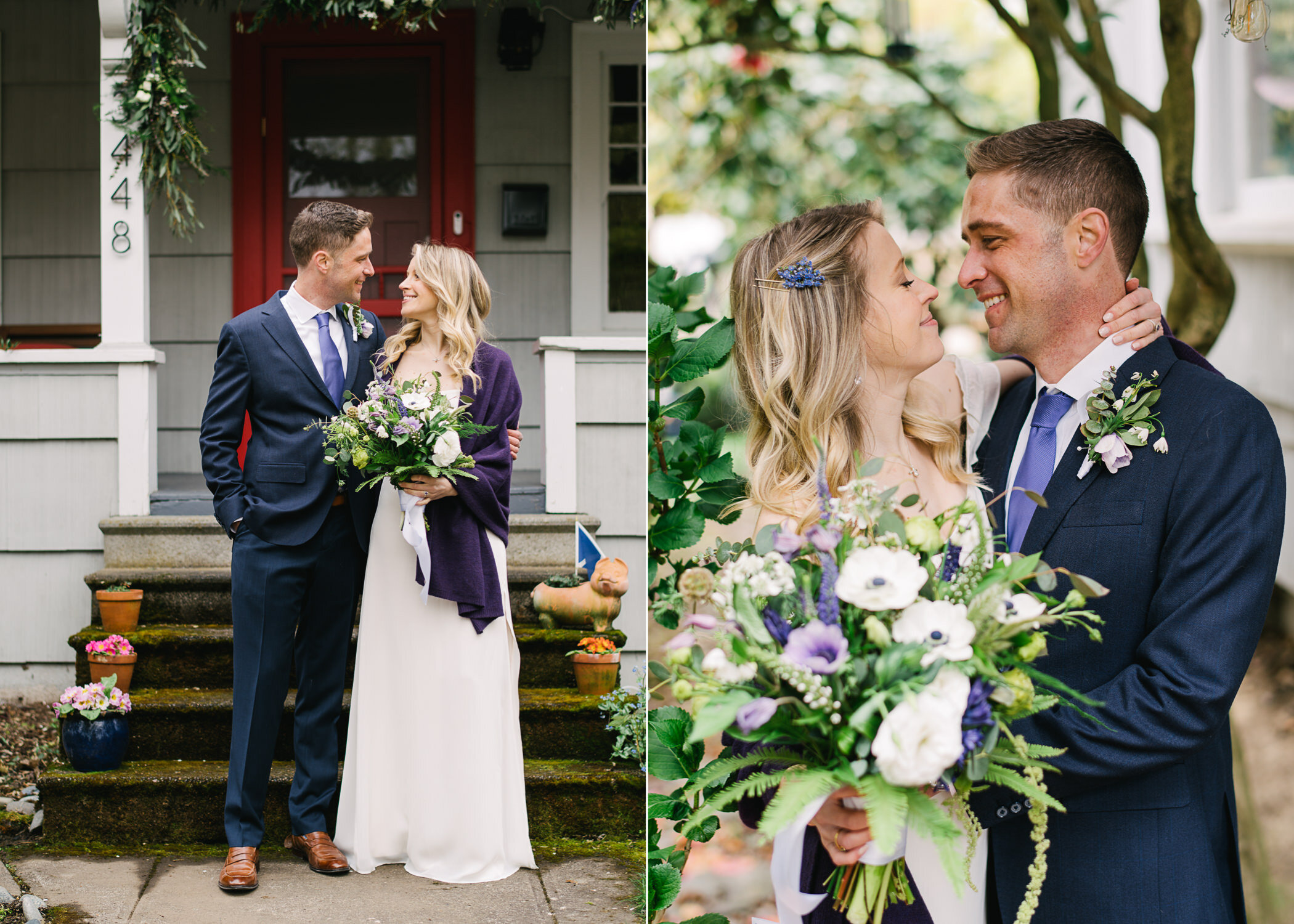  Bride wearing purple holding green bouquet and groom look at each other up close during wedding portraits 