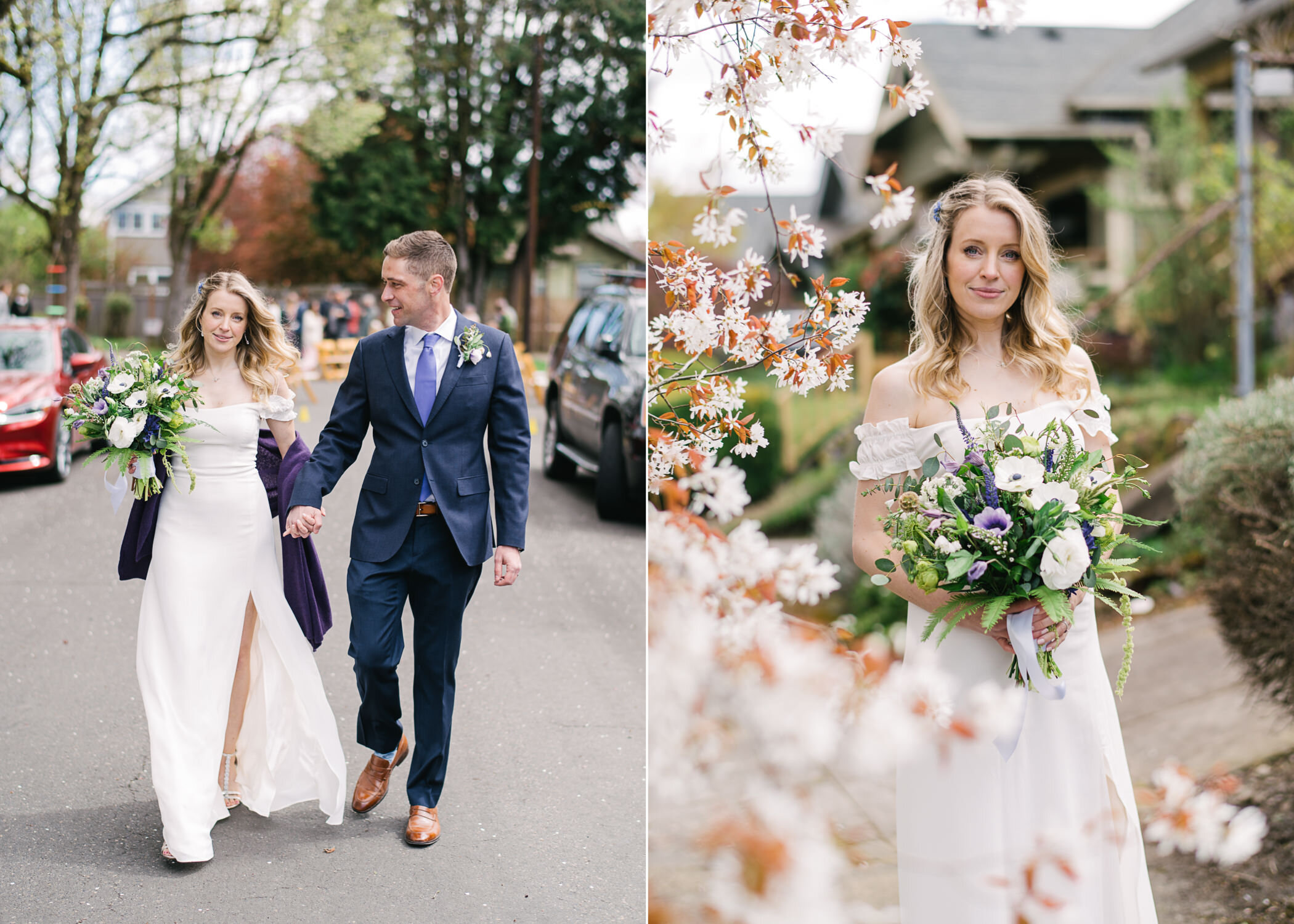  Bride with dress cut on leg and groom walk down portland street surrounded by white flowers 
