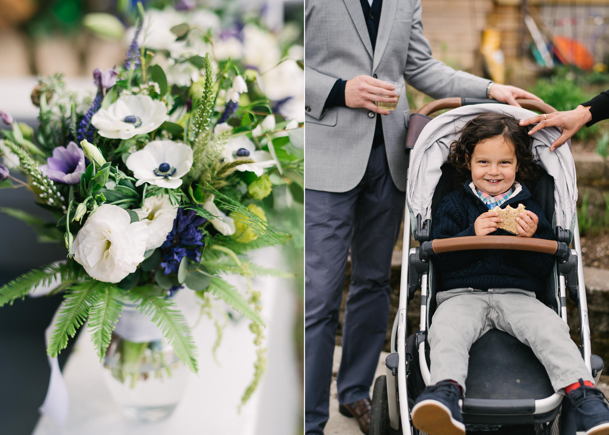  Purple and white bouquet with ferns while young boy smiles with PBJ 