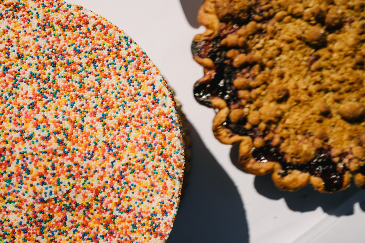 Candy sprinkle cake and blackberry pie 