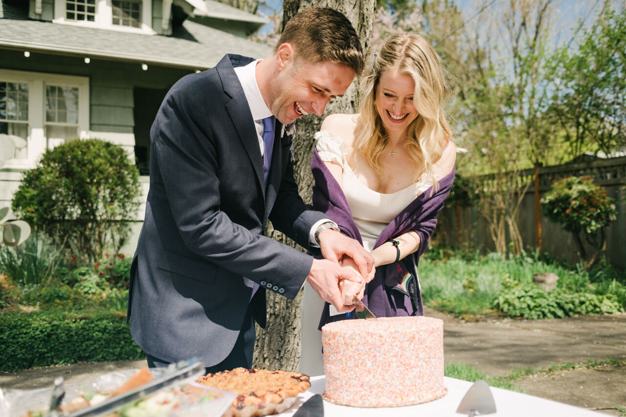  Groom and bride cut sprinkle cake in the sunshine 