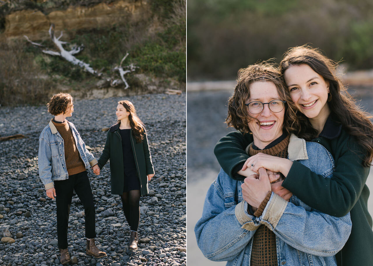  Engaged couple walks down to Oregon beach on pebbles 