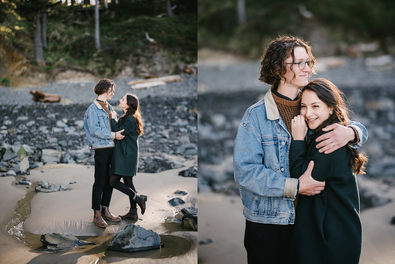 Engagement photo at Hug point in morning sunlight while woman smiles while snuggling with fiancé 