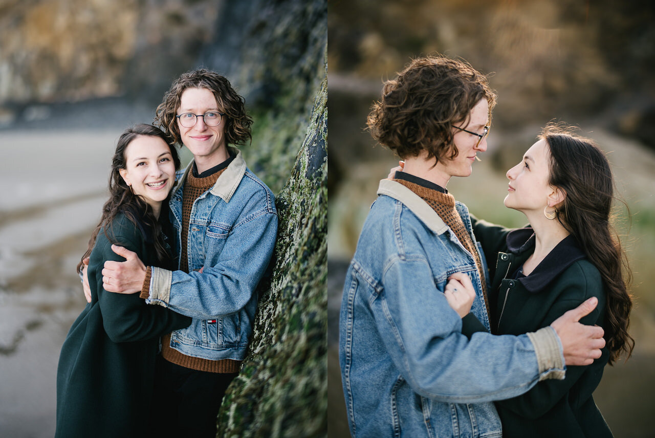  Engagement portrait against ocean rocks 