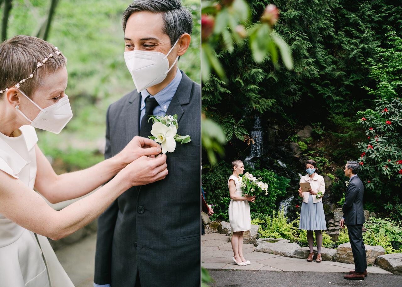  Masked bride pins boutonniere to groom's jacket 