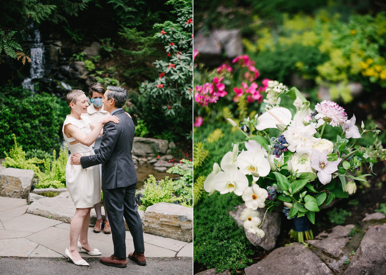  Bride and groom happy after just married in front of waterfall and ponds at rhododendron garden 