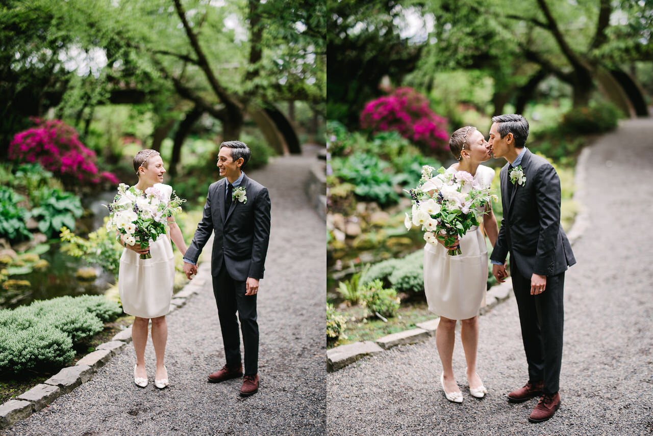  Couple walking together with large white bouquet down crystal springs path by pond and pink azaleas, photographed with fujifilm gfx 50r 