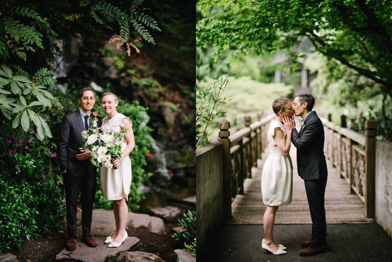  Wedding couple portrait at crystal springs rhododendron garden on bridge, photographed with fujifilm gfx 50r 