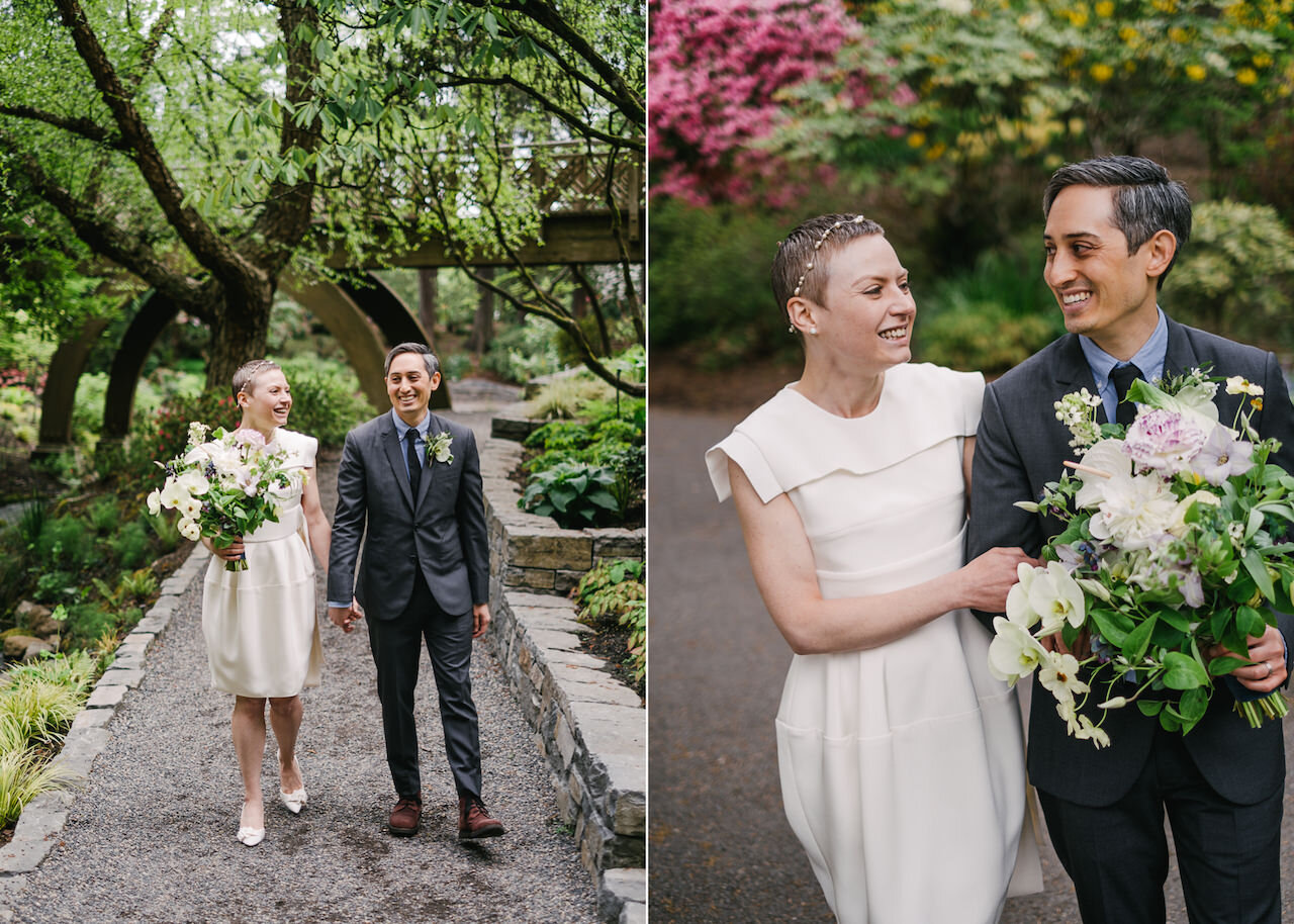  Bride and groom walk together with authentic candid joyful smiles in gardens 