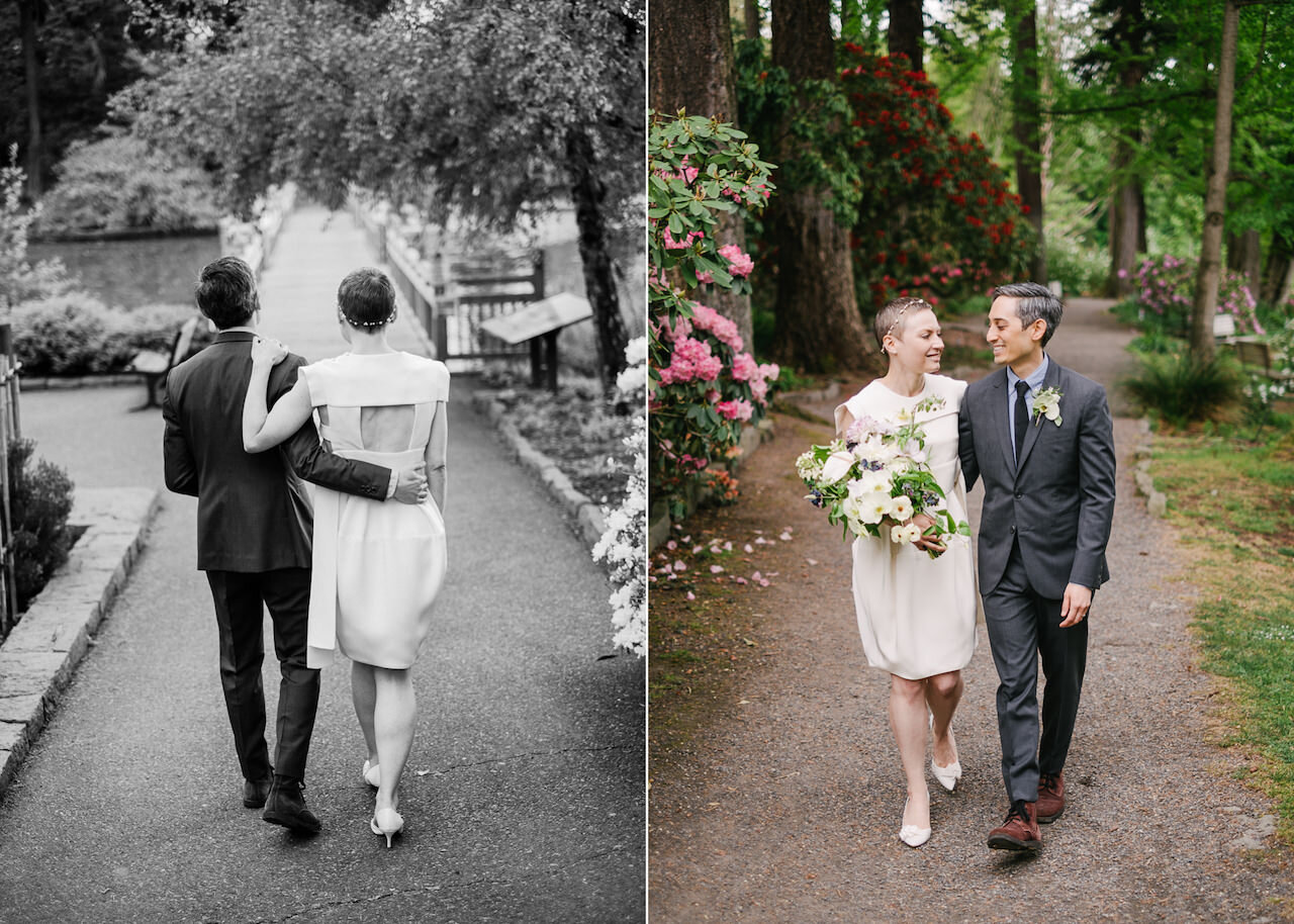  Couple walks crystal springs rhododendron paths during elopement 
