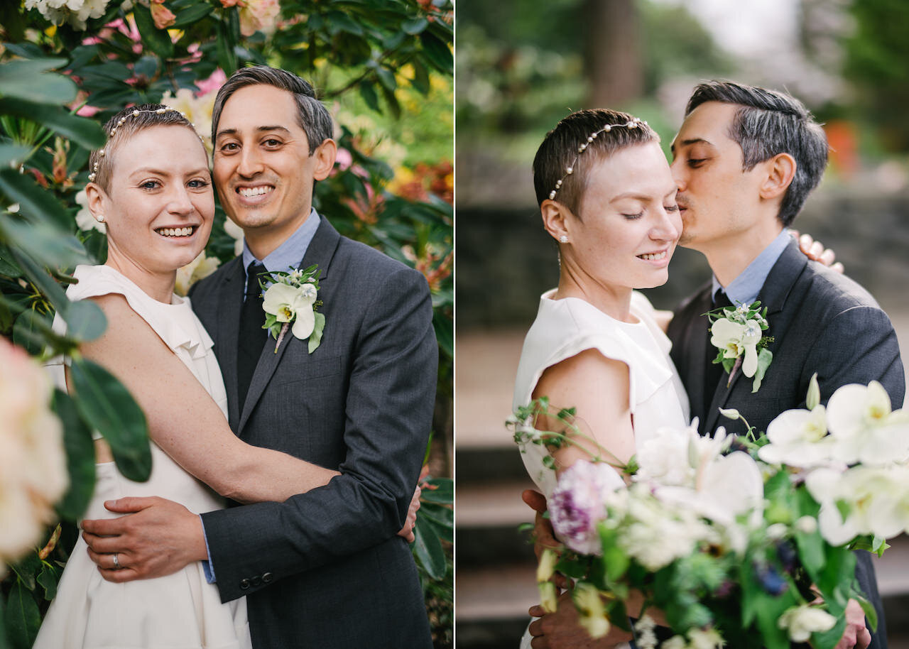  Groom kisses check of bride while she wears hair beads 