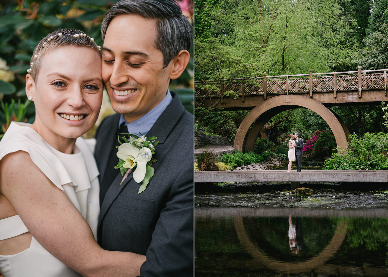  Bride and groom kiss under bridge reflection of pond at crystal springs garden 