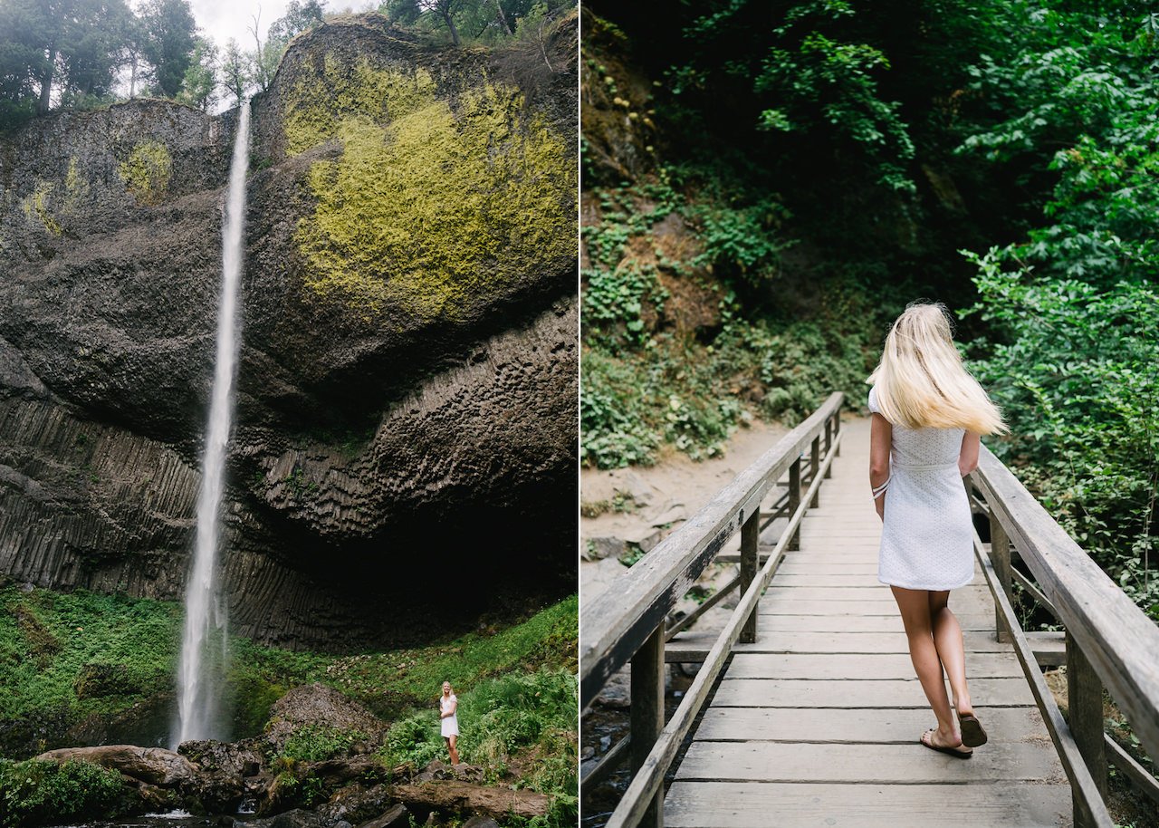  Blonde in white short dress stands in front of latourell falls while twirling hair 