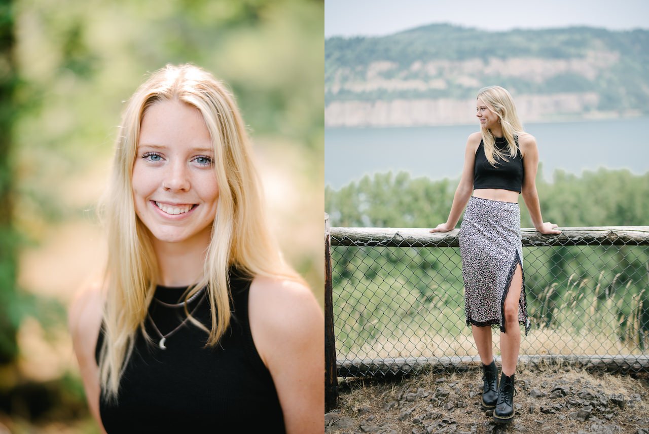  Senior high school portrait of girl in black t shirt in front of Columbia river 