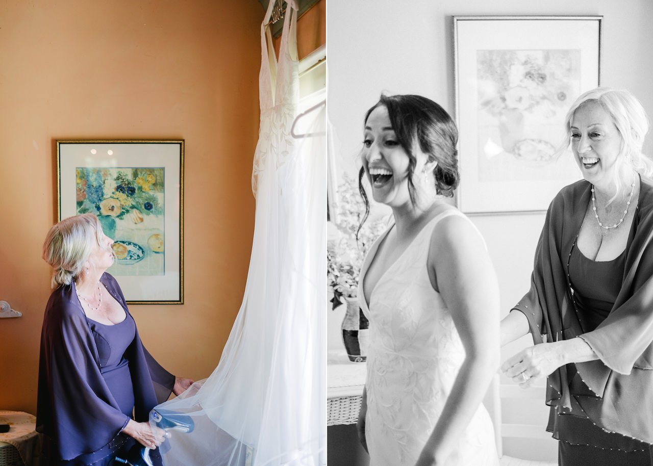  Mother steams wedding dress in front of orange walls as bride gets ready 