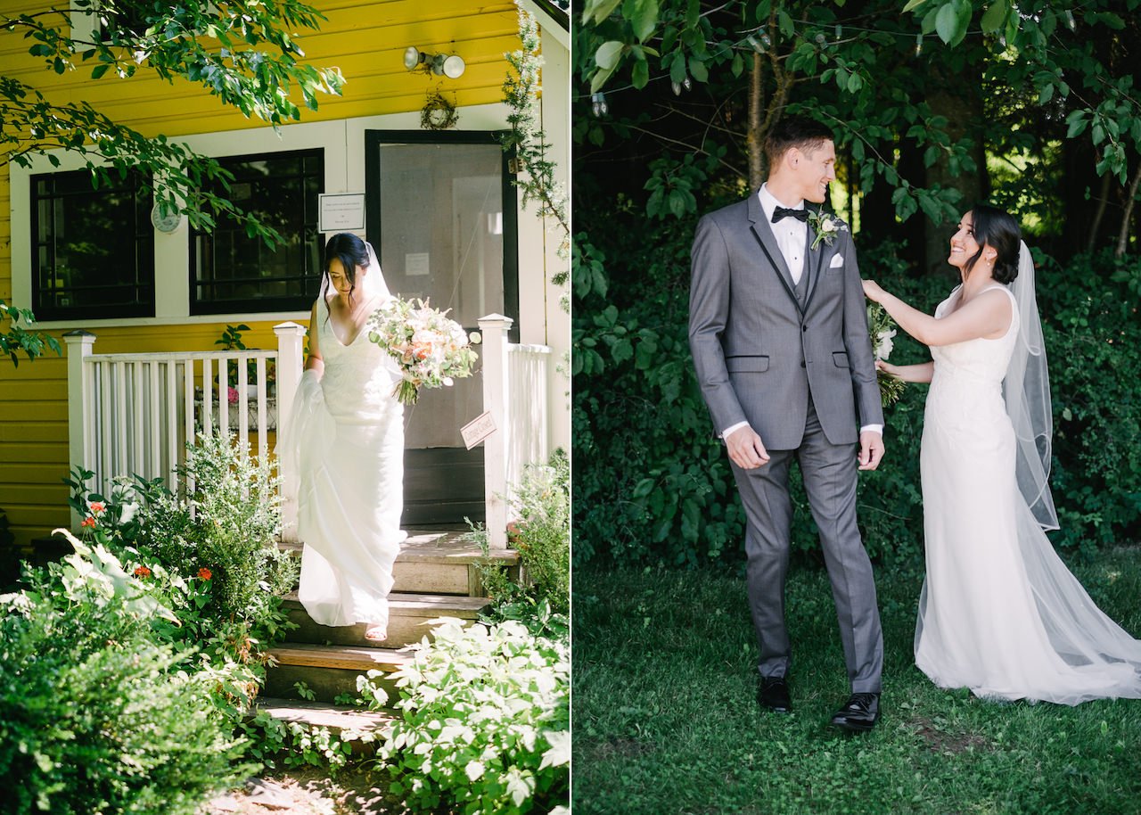  Bride leaves yellow house to go meet groom for first look moment 