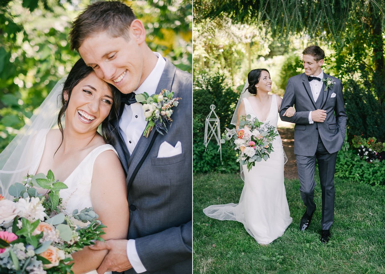  Bride laughs with groom while holding white, pink, and orange bouquet 