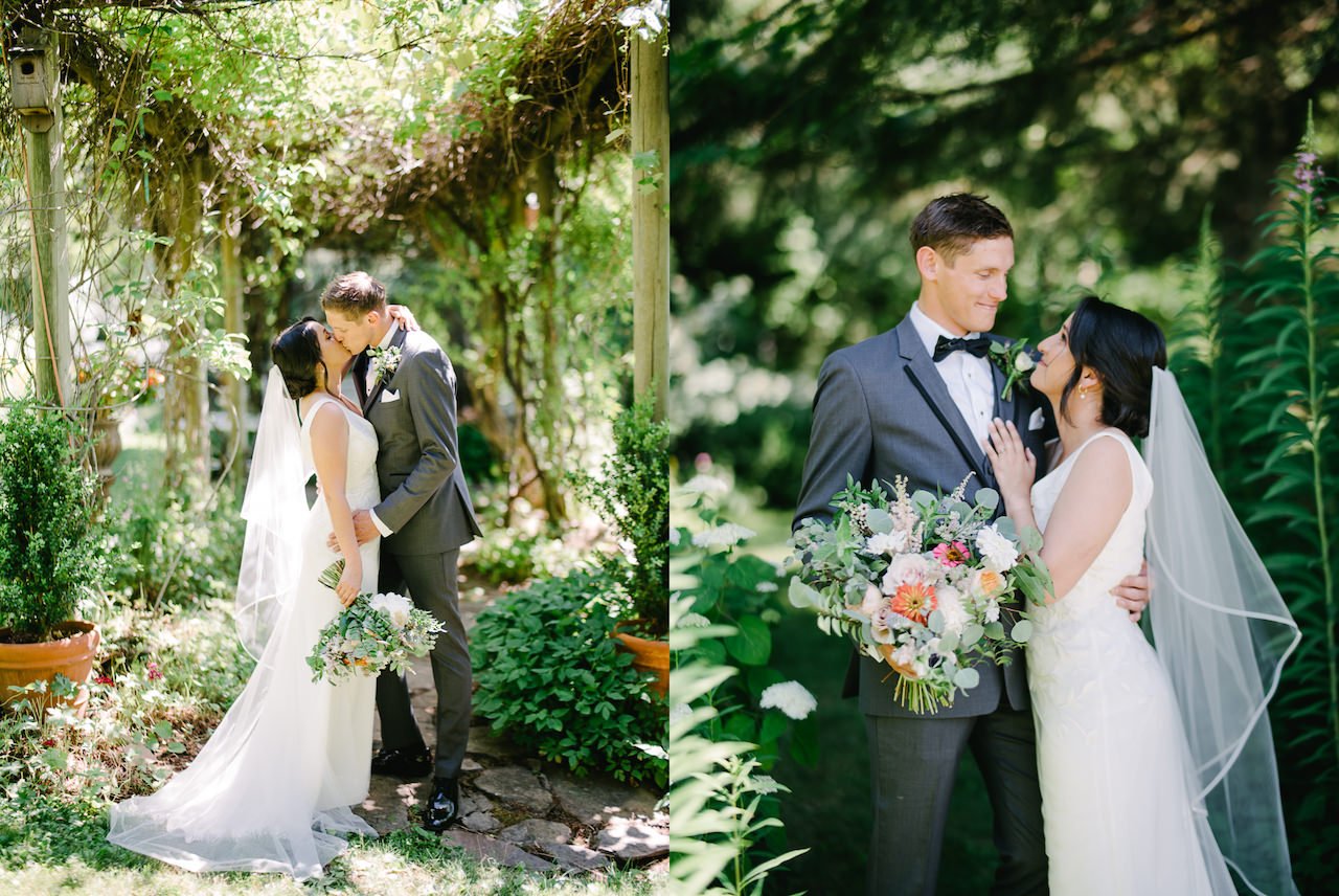  Wedding couple kisses under vines at mt hood organic farms 