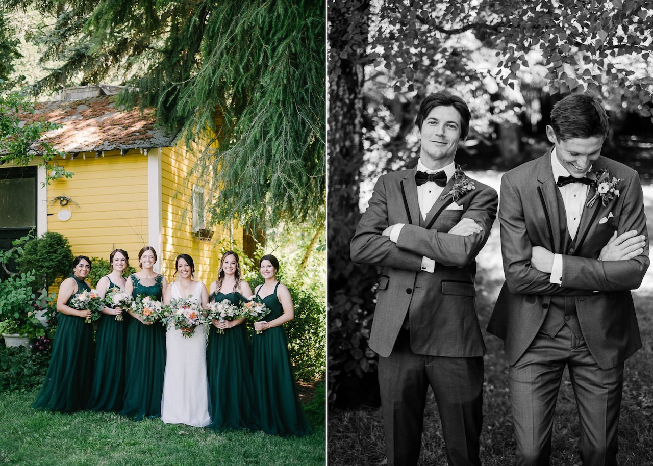  Bridesmaids in green dresses in front of yellow house and tall fir trees 