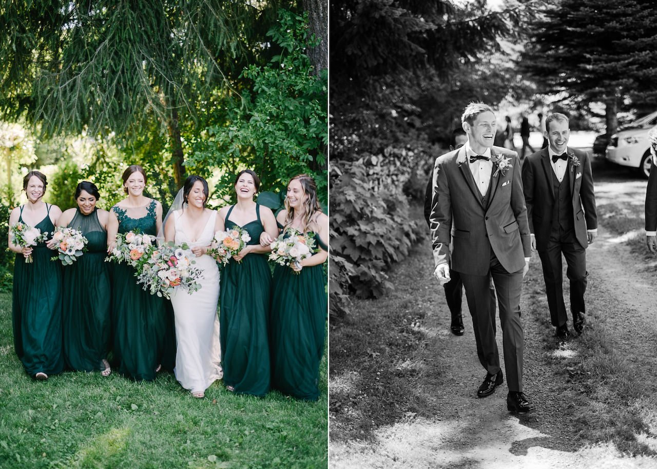  Bridesmaids walking while laughing together 