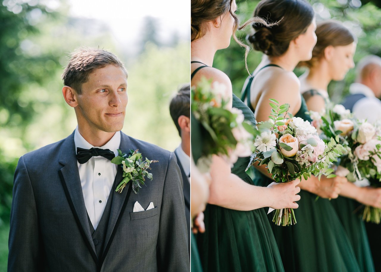  Groom watches as bride walks down the aisle while bridesmaids hold pink and orange bouquets 