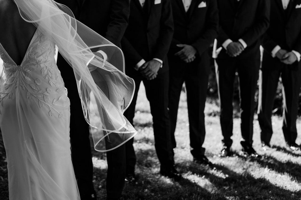  Black and white photo of veil blowing in wind 