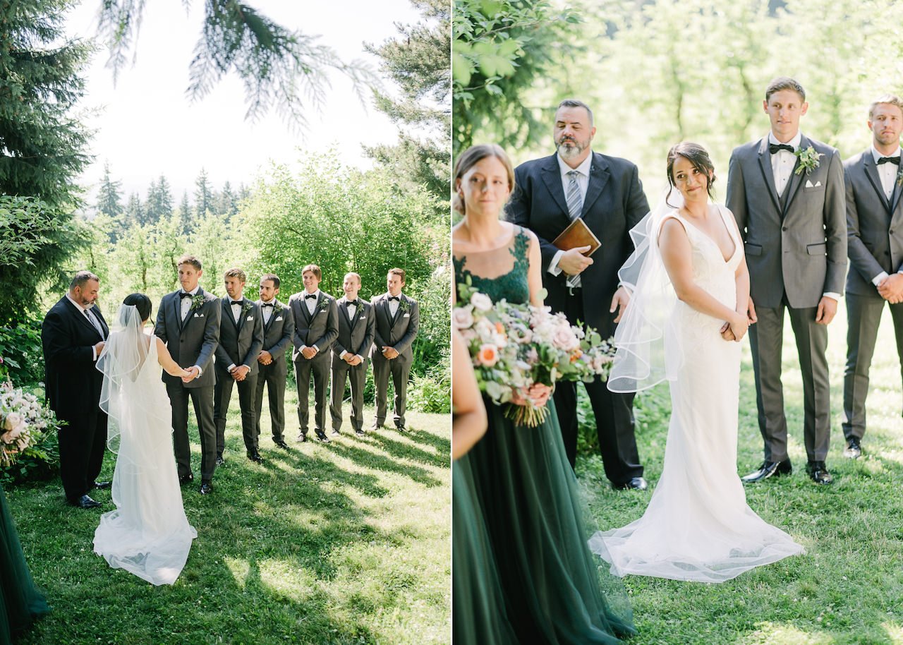  Bride and groom listen to readings during wedding ceremony at mt hood organic farms 