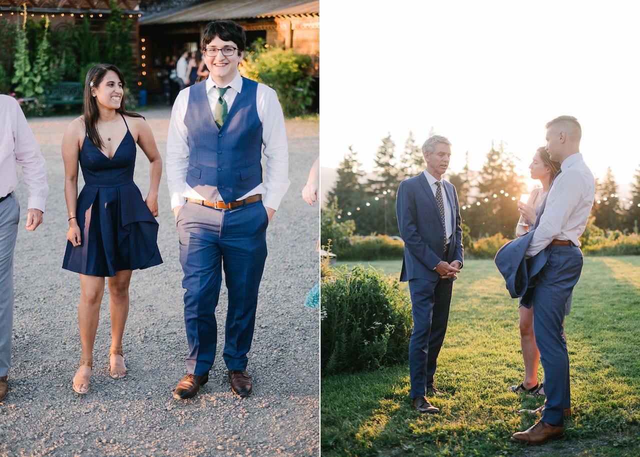  Wedding guests stand outside at mt hood organic farms during evening light 