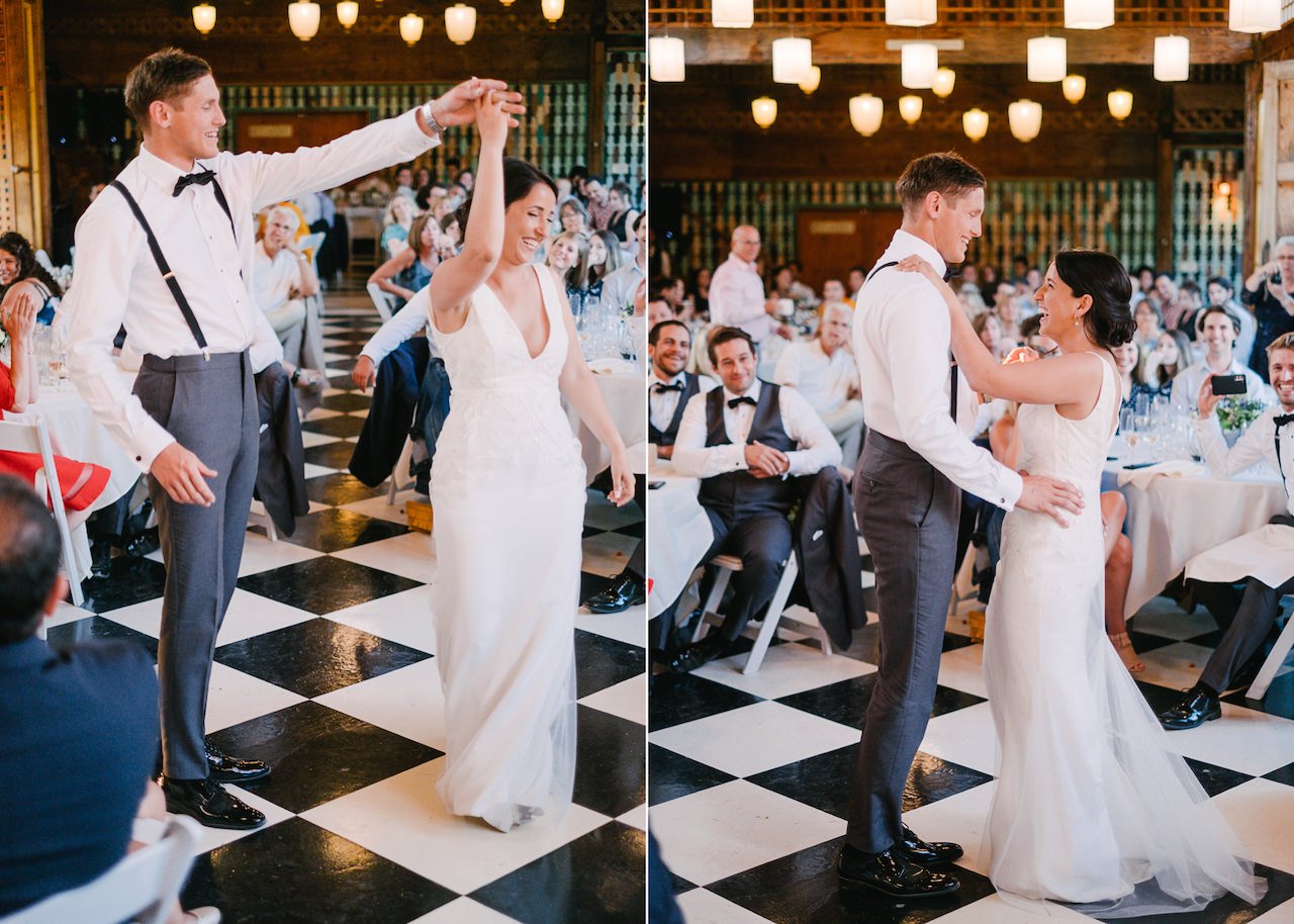  Bride and groom share first dance on checkered floor and spins her around 