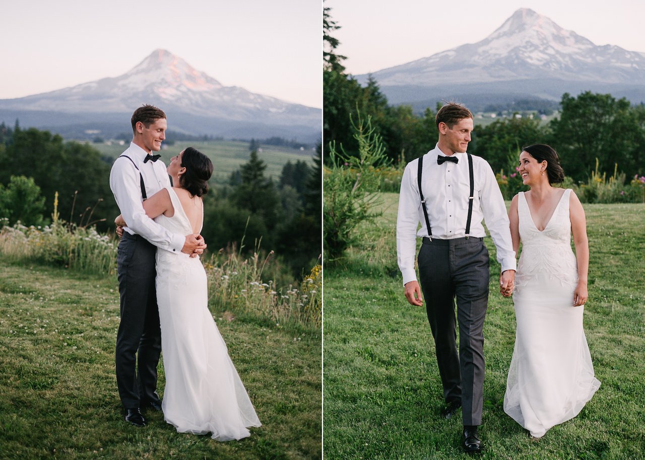  Bride and groom in suspenders share stroll in front of mt hood in evening 