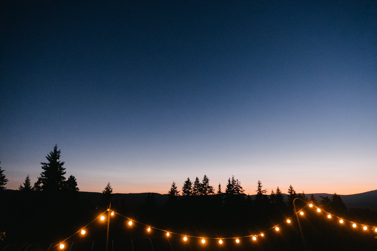  Twinkle lights hang at mt hood organic farms during blue hour 